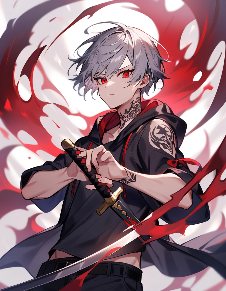 1 young man、Gray Hair、Short Hair、Red Eye、Holding a sword、Hooded clothing、西洋風のHolding a sword、Tattoos on neck and hands