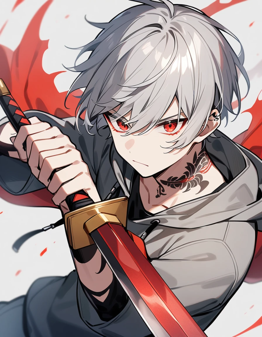 1 young man、Gray Hair、Short Hair、Red Eye、Holding a sword、Hooded clothing、西洋風のHolding a sword、Tattoos on neck and hands