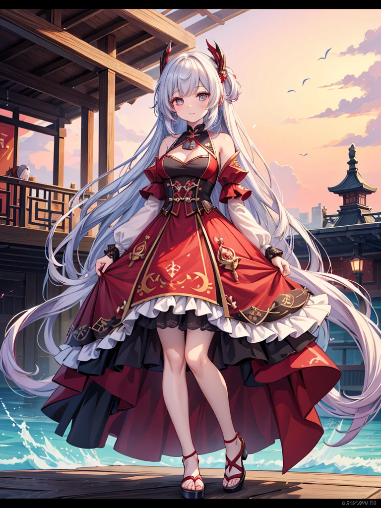there is a woman in a red dress standing on a deck, a raytraced image inspired by Yang Jin, trending on pixiv, rococo, keqing from genshin impact, anime highly detailed, anime goddess, highly detailed anime, stylized anime, astral witch clothes, high quality detailed anime, from the azur lane videogame