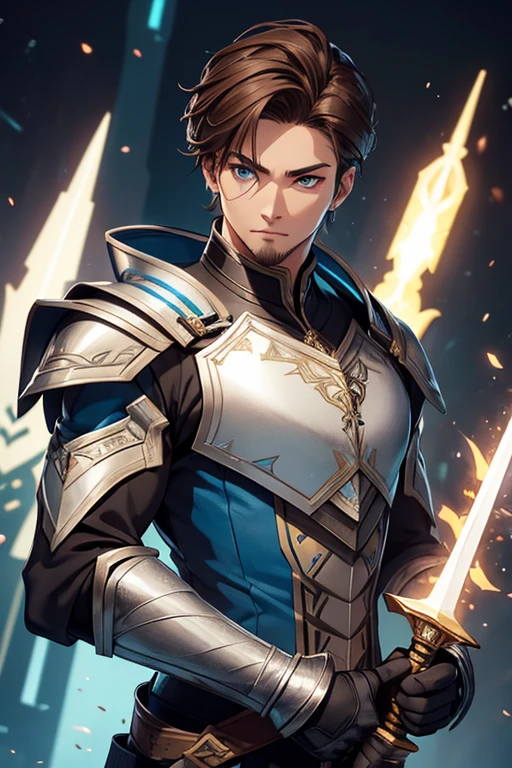 a androgen with brown hair, a goatee, silver armor with blue details, a golden sword