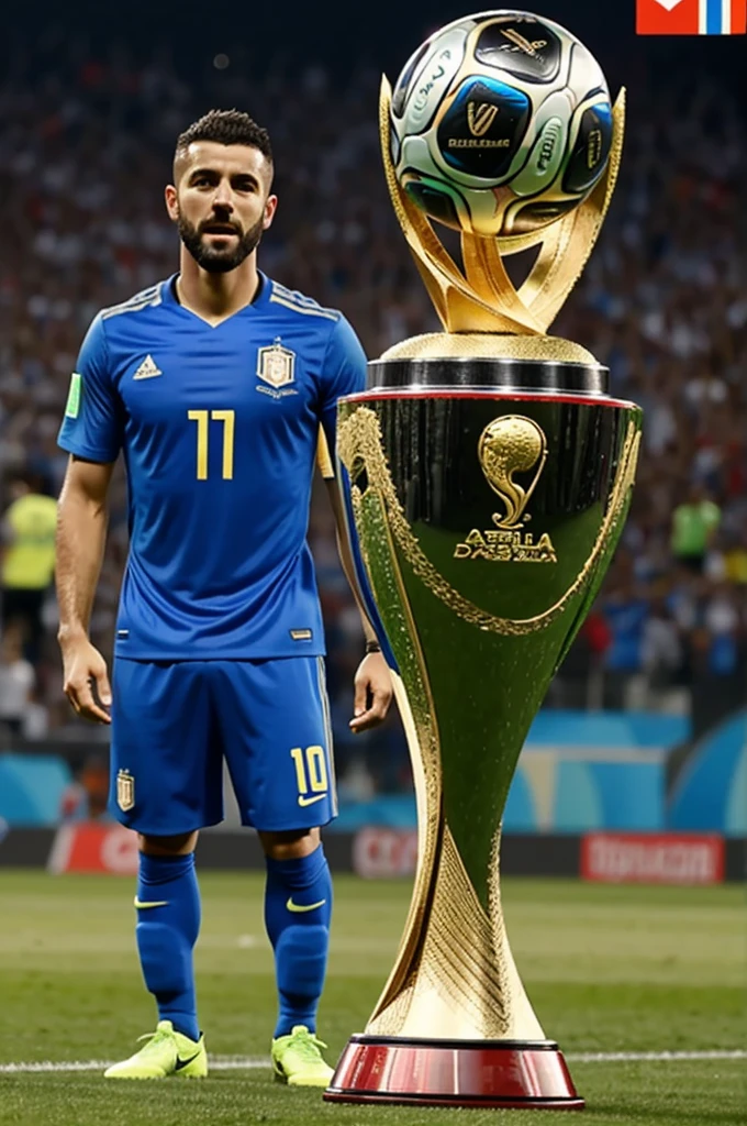 Hello, I need you to make a picture of a trophy, similar to the soccer world cup trophy, but at the same time it has a ball on top, tenga a portal. Yo quiero que el trofeo sea a portal, For that I want you to base yourself or be inspired by the form of the world cup, but I want it to have, instead of the ball that has the trophy, a portal, osea que quiero que la pelota sea a portal