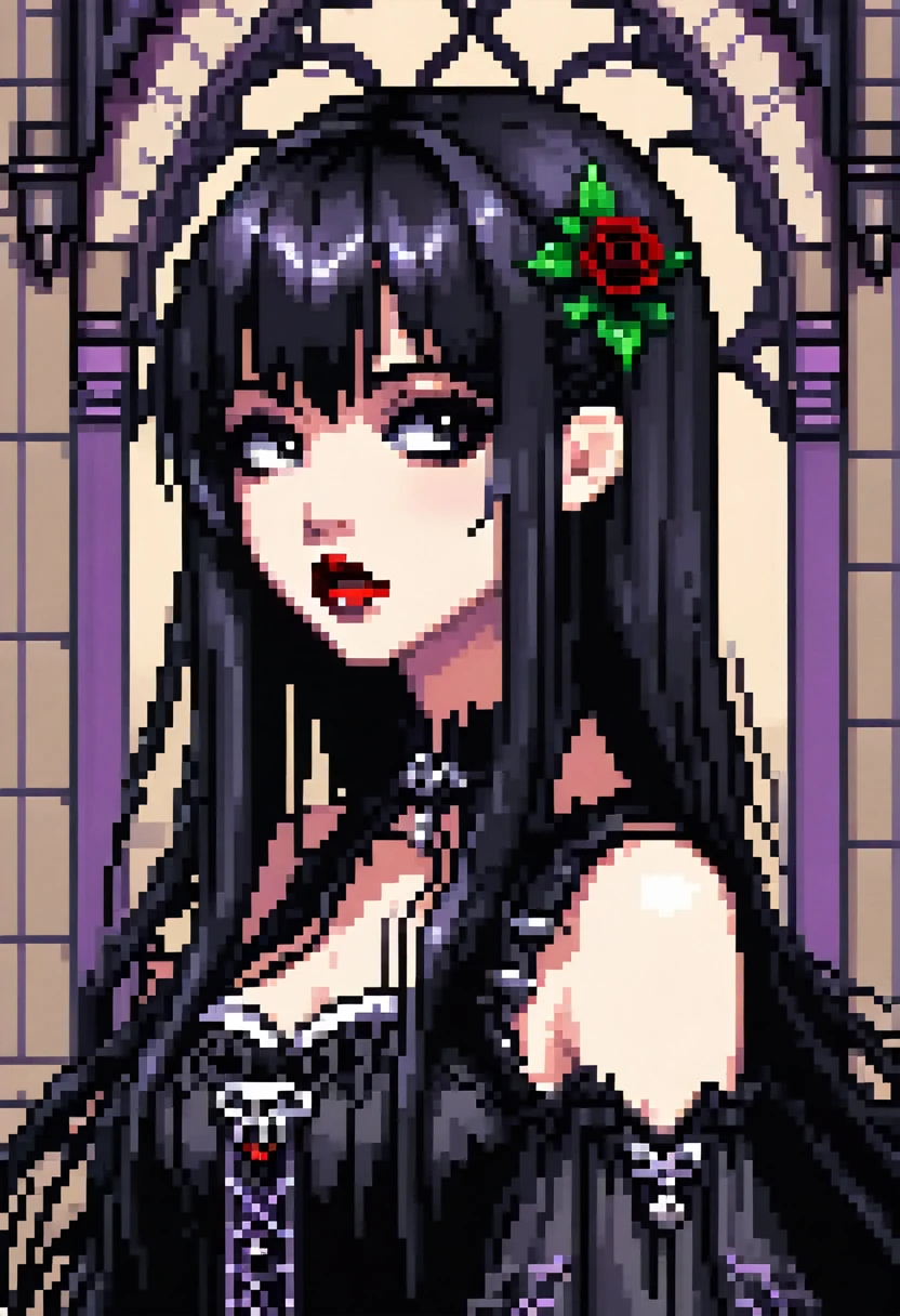 pixel art a gothic girl face long dark hair and bangs making a kissing mouth