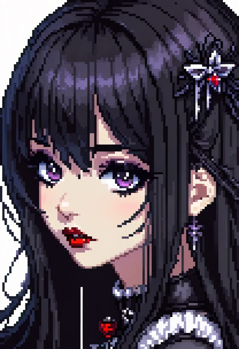 pixel art a gothic girl face long dark hair and bangs making a kissing mouth