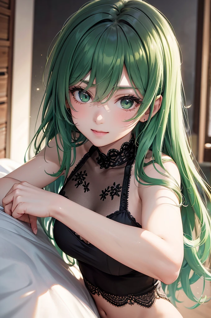 (Best Quality,High resolution,8K,finelity detailed background,Masterpiece:1.2),beautiful girl,Shiny green hair,messy hair,Green Eyes,Gentle look,A refreshing look,Best quality,Best Quality,Aesthetic and aesthetic:1.2,Best details((Super detailed))(High-definition CG illustrations),Glamorous black underwear (black,intricate lace),Slender body,night,Moonlight,Bedroom,On the bed,smile,blush,cute,Scrounge,Looking up,Being spoiled,super model