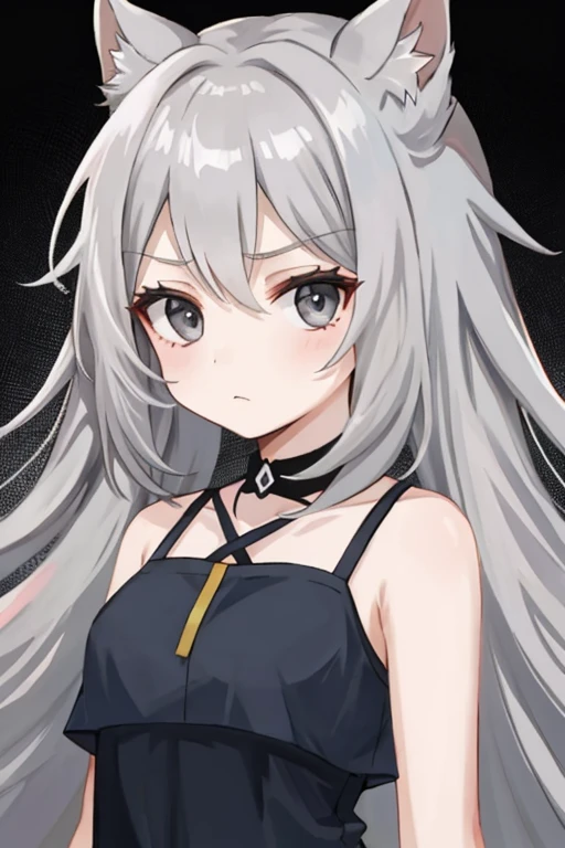 young girl with long light grey hair, grey eyes and has an apathetic expression