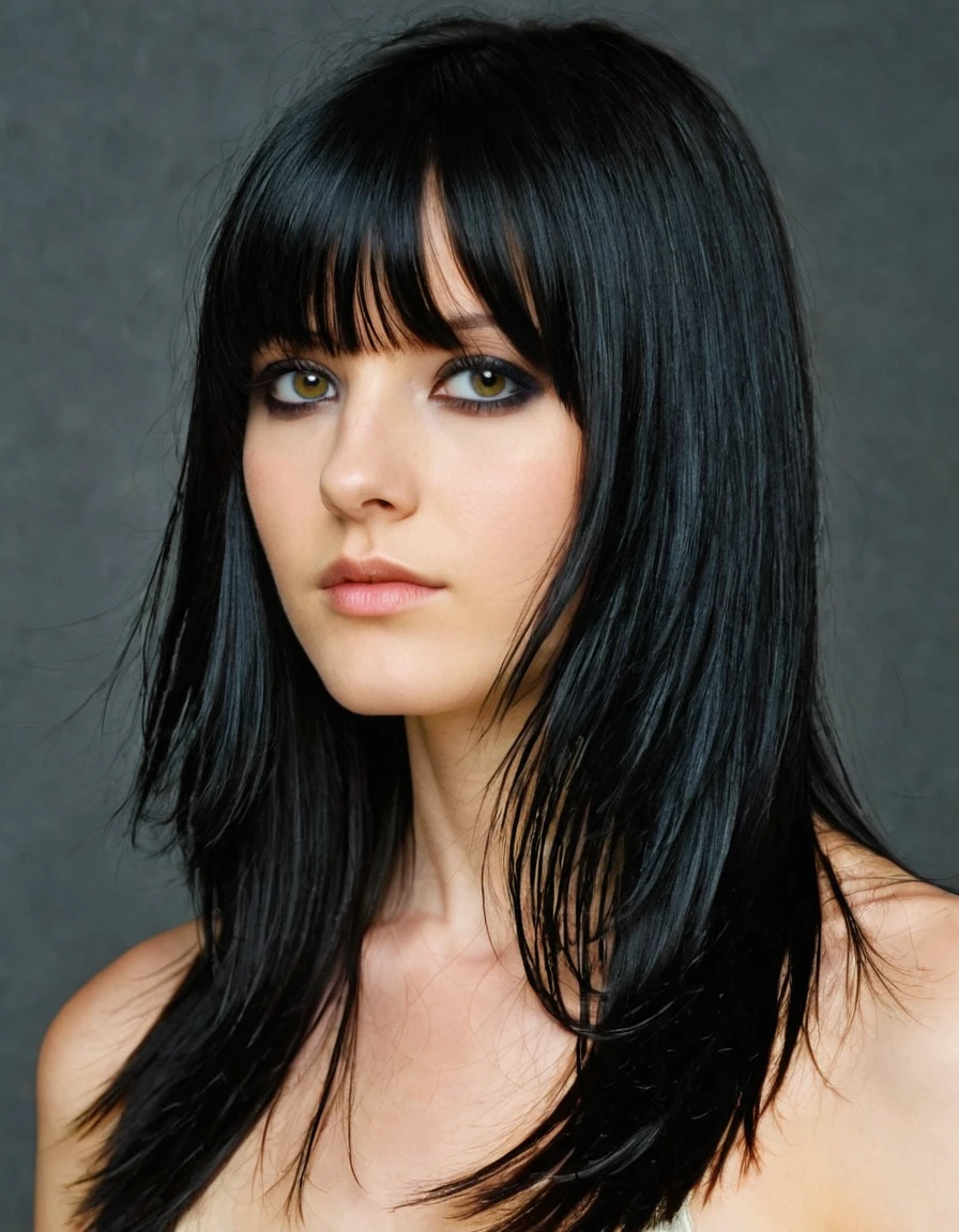  19 years old with long black hair layered with a light fringe and black eyes