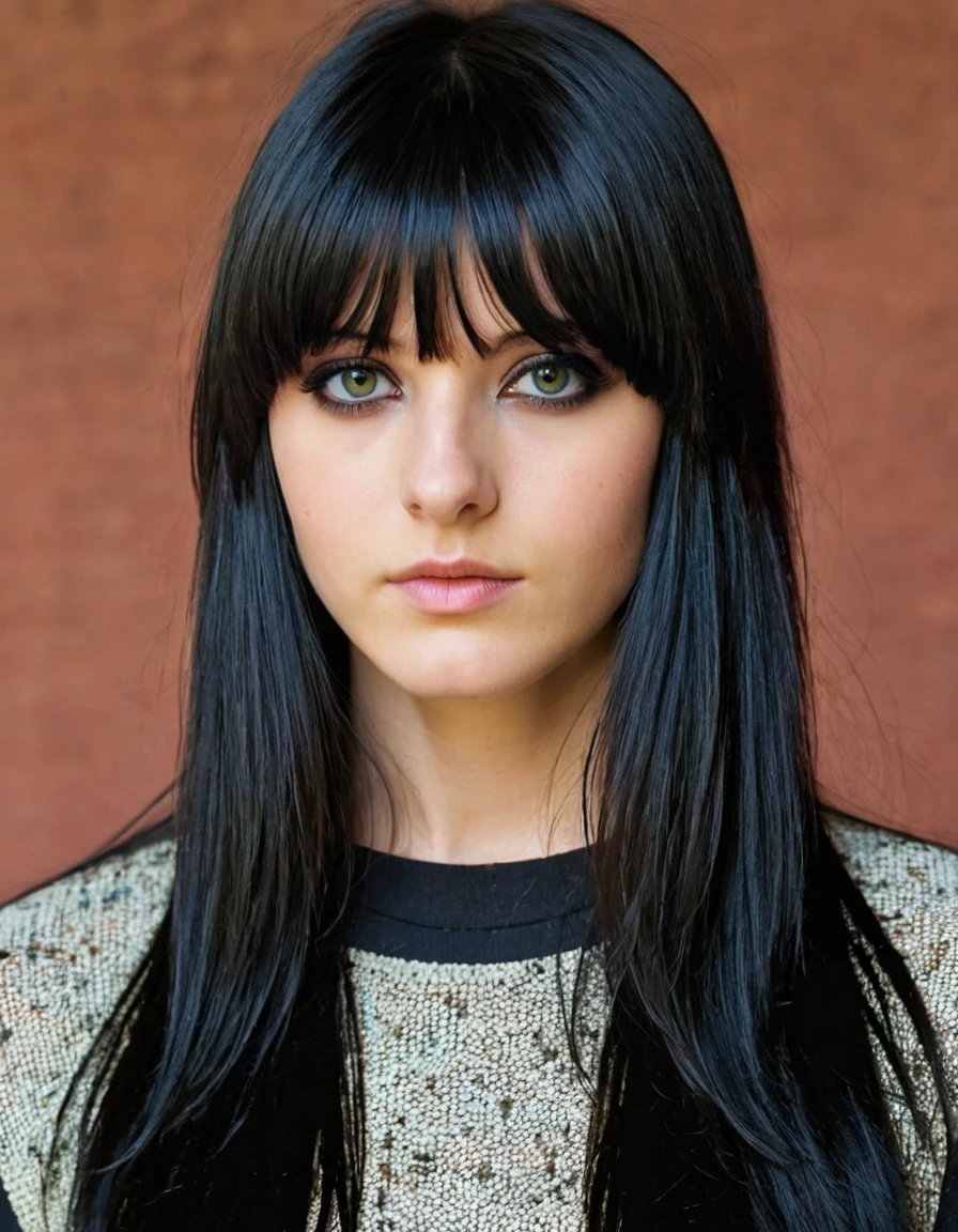 19 years old with long black hair layered with a light fringe and black eyes