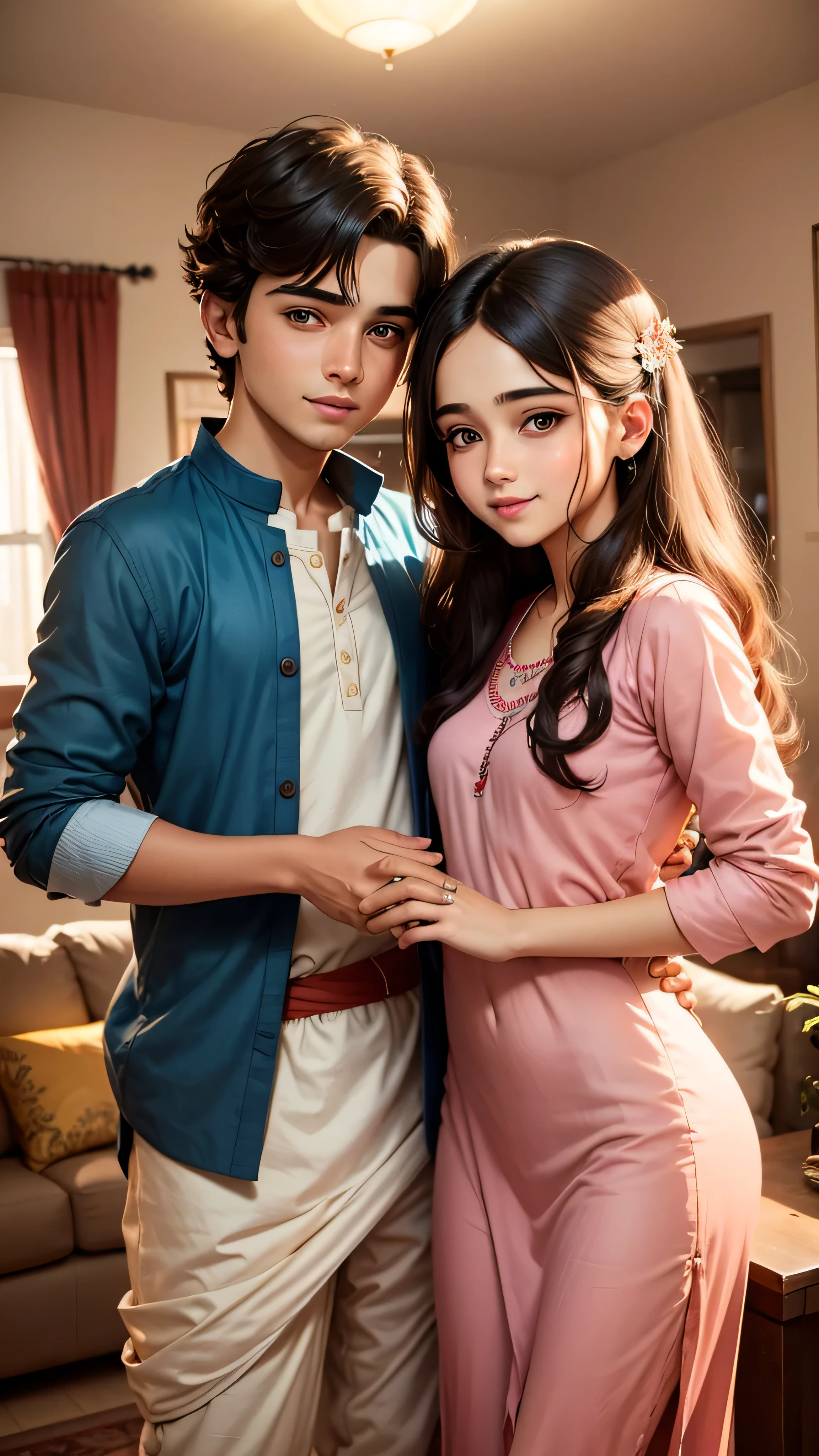 One beautiful girl and beautiful Boy are stand in living Room and  shackhand each other and face expression is happy  , girl clothes is a Kurtis 