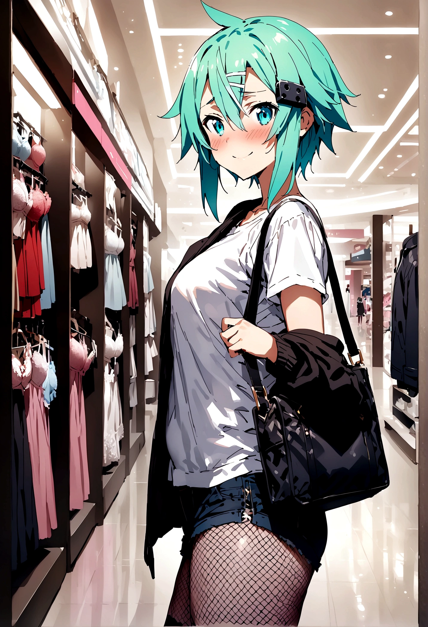 NSFW,masterpiece,Highest quality,High resolution,Super detailed,Sinon\(Sword Art Online\),Jacket,White T-shirt,cropped,Shorts,Fishnet tights,Shoulder bag,Embarrassed,expectant face,smile,blush,Shopping mall,Lingerie Shop,Underwear section,bra,panties,Date,From the side