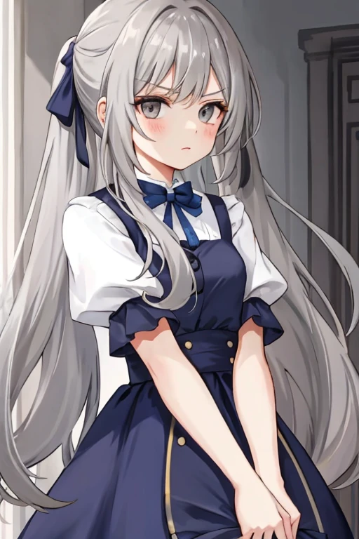 young girl with long light grey hair, grey eyes and has an uncaring expression