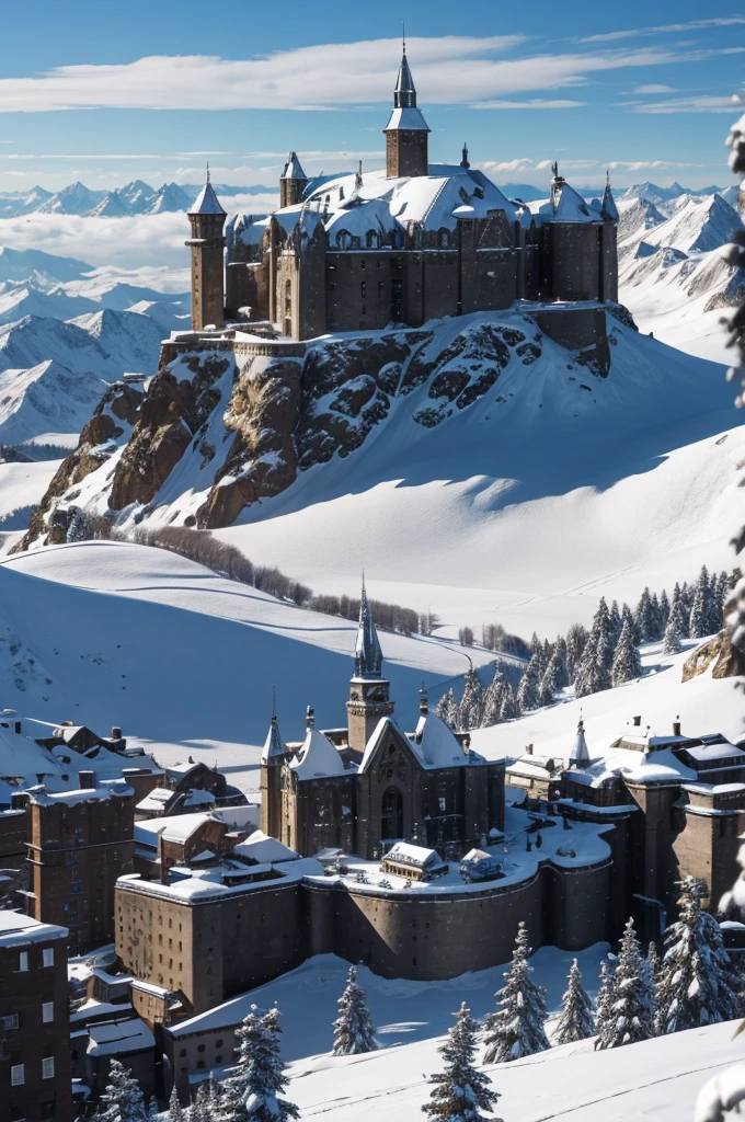 massive city on top of snowy mountain, stone buildings mixed with futuristic technology