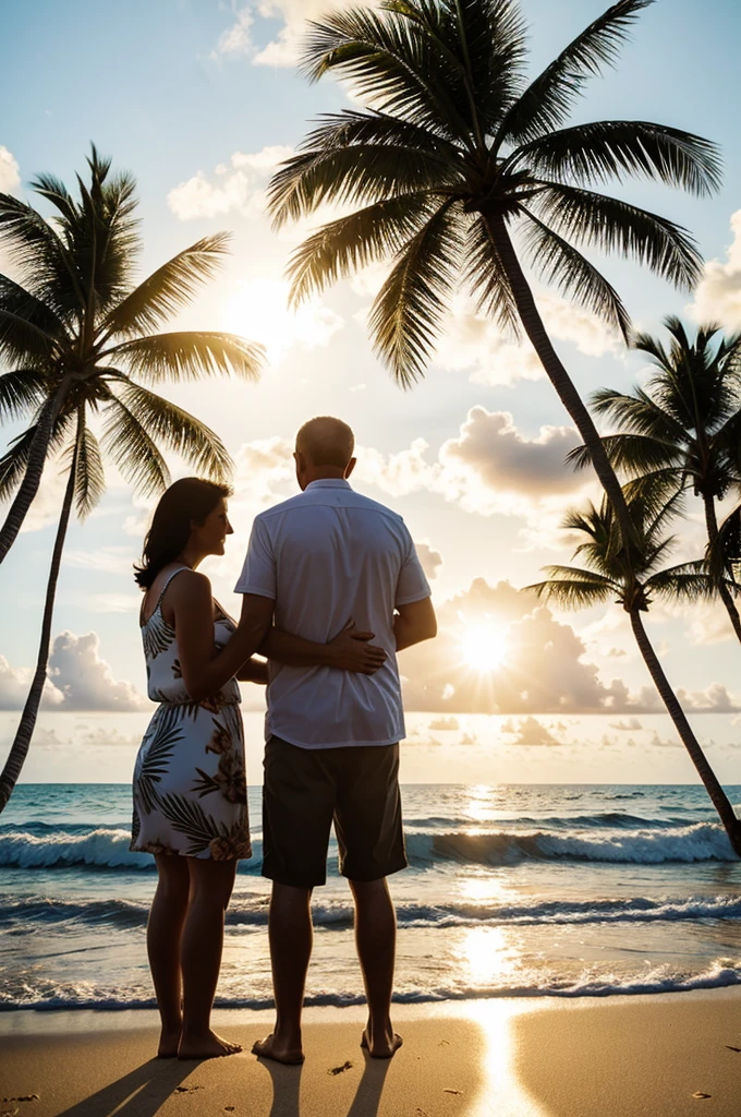 Photos of the family :Father, mother, on the seashore, the sun is shining, in the distance on the right side of the palm tree