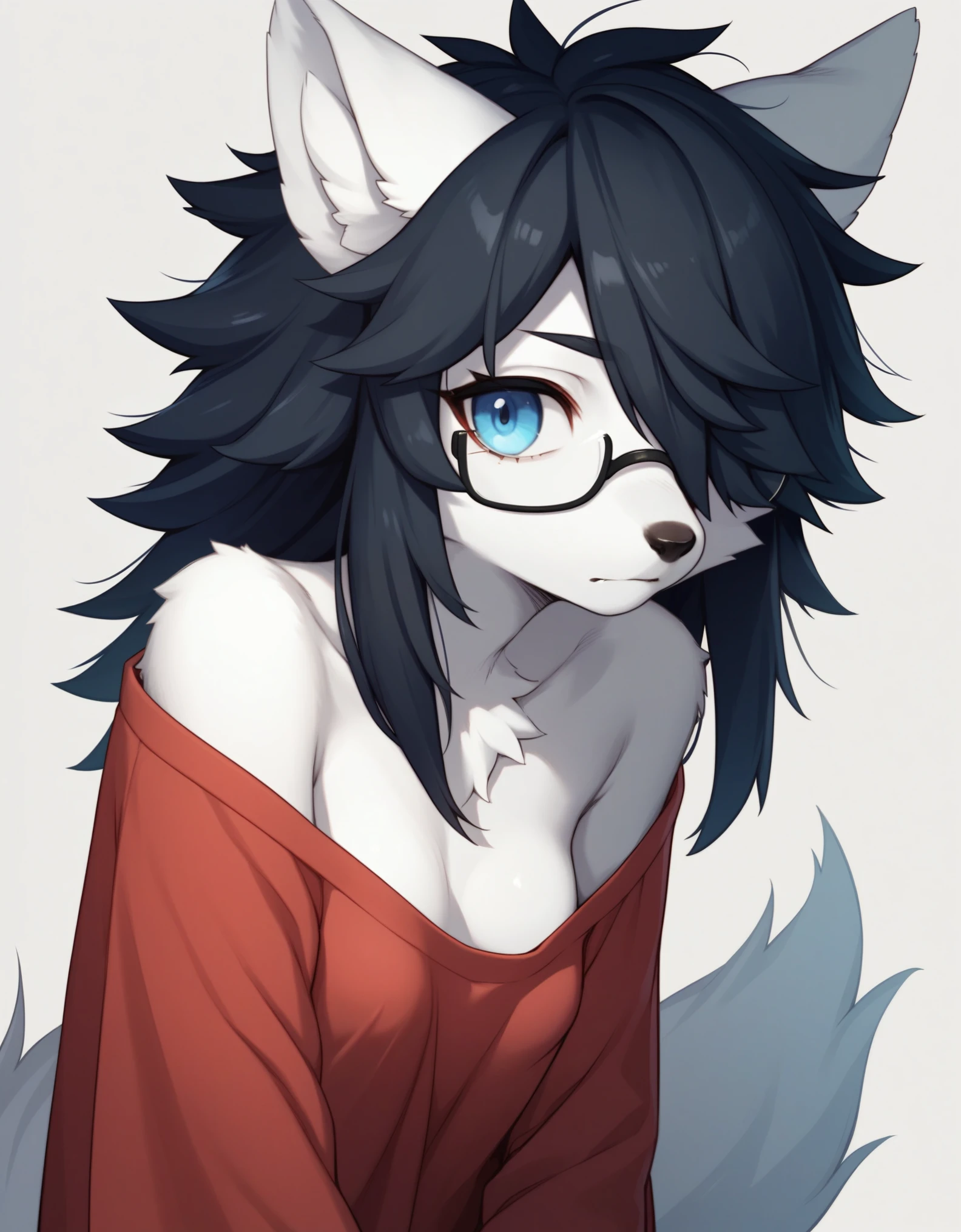 Solo, score_9,score_8_up,score_7_up, kemono style, a young nerdy Anthro furry wolf woman, wolf snout, white furry body, tall, long black messy hair, black hair, hair in a pony tail, hair covering one eye, white wolf tail, blue eyes, white wolf ears, white wolf tail, small breasts, wearing oversized red shirt, exposed shoulder, black square thick rimmed glasses, close up, portrait, flustered expression