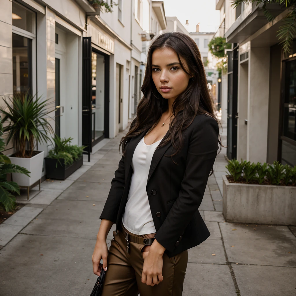 adriana lima, thick brown hair, hot , Ukrainian girl, wavy brown hair, Dasha Taran, pretty beautiful brunette, (solo one girl : 2.0), Beautiful ,23 years young girl healthy, confidential looking,8k,realistic,dark brown hair,fair skin, cheveux attachés,clear facial features, wearing woman in black top and pants, girl in suit, wearing a black blazer, black outfit, girl in a suit, day light posing, background building wall