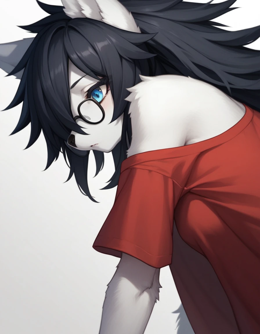 Solo, score_9,score_8_up,score_7_up, kemono style,  a young nerdy Anthro furry wolf woman, wolf snout, white furry body, tall, long black messy hair, black hair, hair in a pony tail, hair covering one eye, white wolf tail, blue eyes, white wolf ears, white wolf tail, small breasts, wearing oversized red shirt, exposed shoulder, black square thick rimmed glasses, close up, portrait, flustered expression