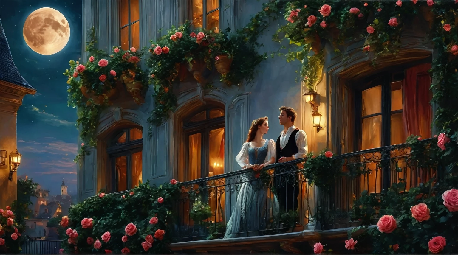 there are two people standing on a balcony with roses and a full moon, romantic painting, romantic era painting, beautiful digital artwork, balcony scene, romantic scene, in romantic style, romeo and juliet, romantic couple, romanticism art style, beautiful digital painting, romanticism painting, very beautiful digital art, unreal engine ; romantic theme, beautiful digital art, disney photo realistic