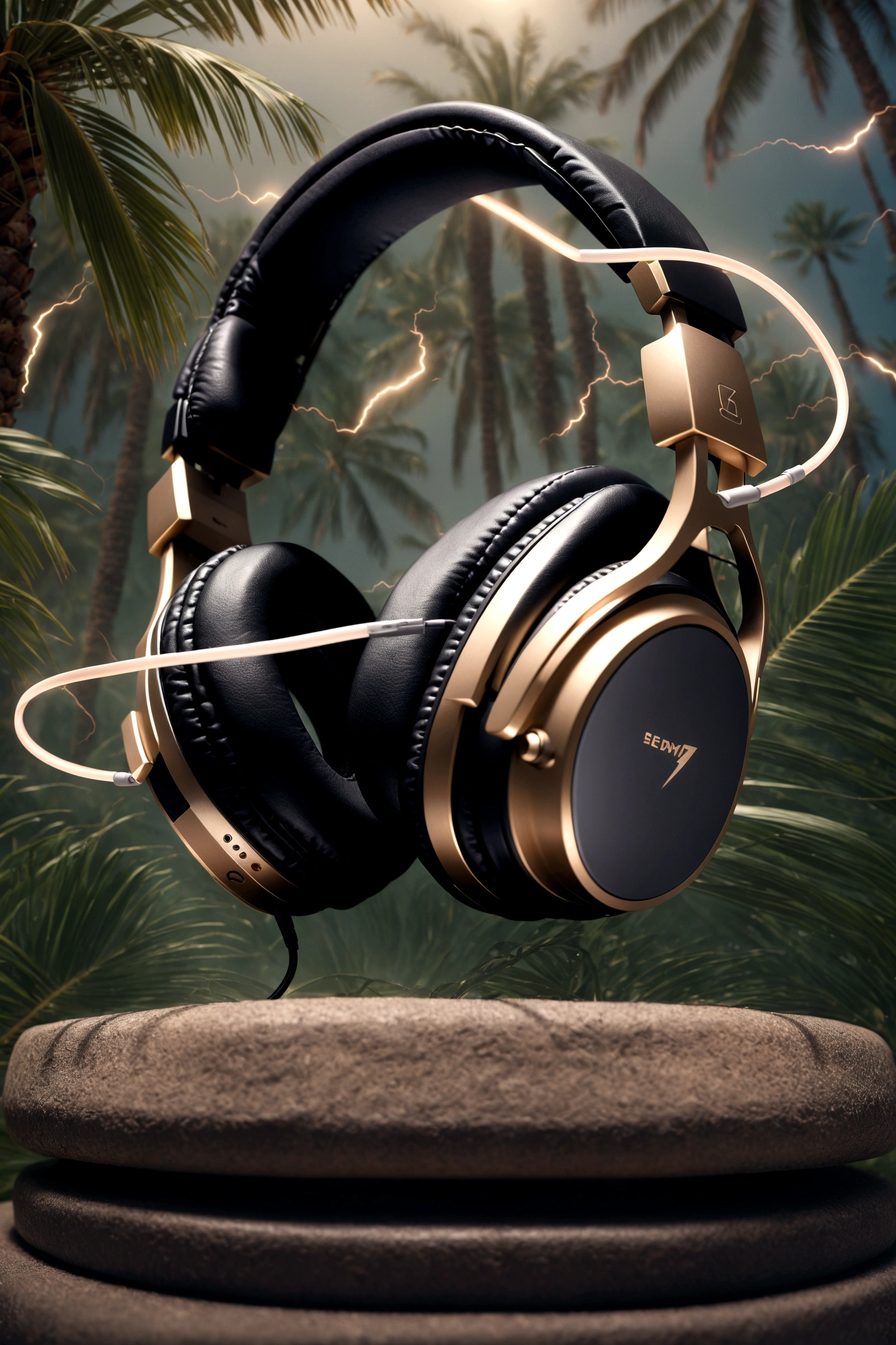headphones, lightning around headphones, palm trees in the background, product, beautiful banner, magical effects around the headphones, beautiful effects, haze in the background, Magic