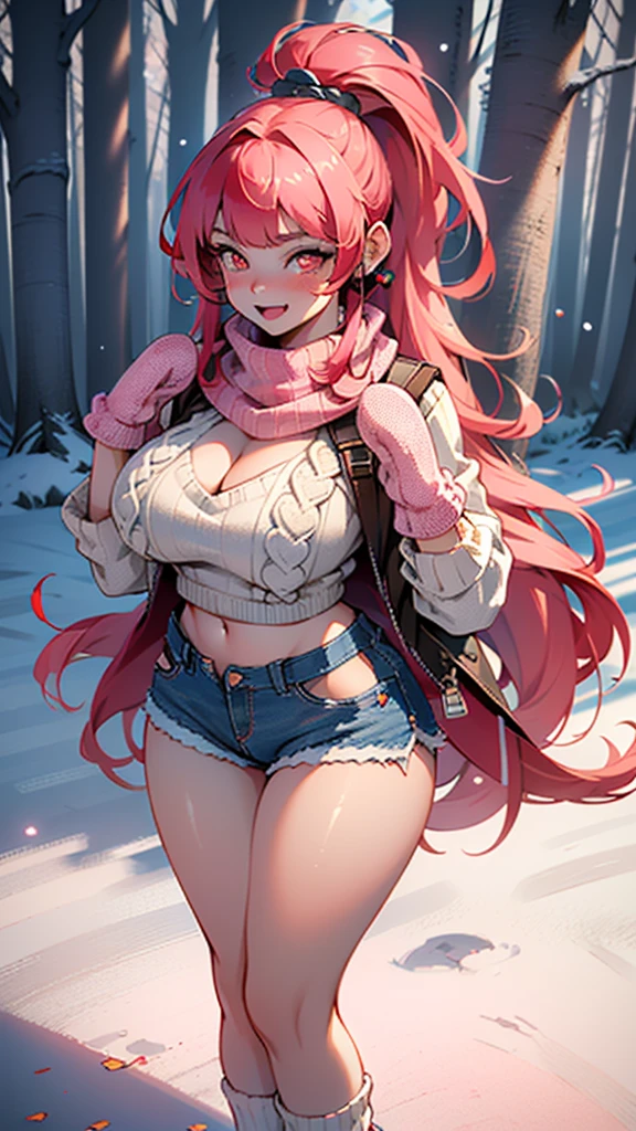 explorer girl,1girl,((extremely cute and beautiful red haired explorer girl)),(((18 years old))),(large breasts:1.4),((((red hair:1.35,absurdly long unkempt hair,ponytail red hair,bangs,colored inner hair,ear breathing)))),(((red_eyes:1.3))),intricate eyes,beautiful detailed eyes,symmetrical eyes,((((lustrous skin:1.5,tanned skin,bright skin:1.5,skin tanned,shiny skin,very shiny skin,shiny body)))),(spider lower abdomen,narrow waist,wide hip,athletic body,inflated legs,thick thighs,detailed body,(detailed face)),((heart pupils:1.5,heart:1.3,hearts:1.3,heart marks:1.3)),(ahegao face:1.5),
cute,slutty,seductive,erotic,(nsfw),
((large white socks:1.5,socks texture must be natural)),((deep V sweater:1.5)),((no bottoms)),((white mittens:1.5,white scarf:1.5),((navel)),((shorts,short shorts,denim shorts)),(((unzipped, open fly))),
(dynamic pose:1.0),embarrassed,(centered,scale to fit dimensions,Rule of thirds),
((snowy pink cherry forest:1.5,pink theme forest:1.5)),winter,scenery:1.25,((intricate scenery)),((snow forest background)),Christmas tree,
(Glossy winter ornaments),highres,sharp focus,(ultra detailed,extremely detailed),(photorealistic artwork:1.37),(extremely detailed CG unity 8k wallpaper),(((vibrant colors,vibrant theme))),(intricate),(masterpiece),(best quality),