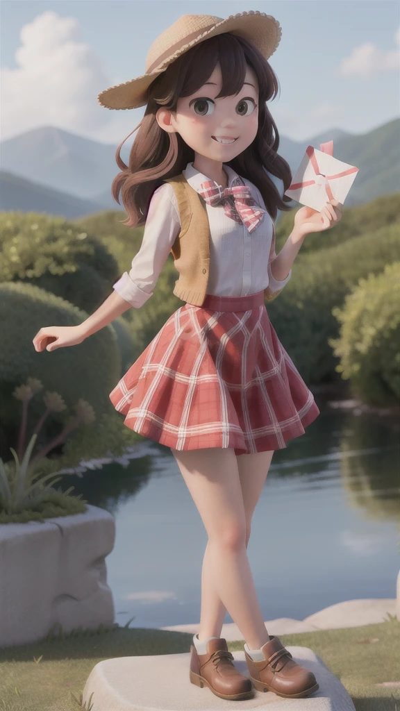 masterpiece, high quality best quality,1girl, bangs, beach, blue_sky, blush, bow, breasts, checkered, checkered_shirt, checkered_skirt, cloud, cloudy_sky, collarbone, day, envelope, giving, grass, hair_bow, heart, holding, holding_letter, horizon, incoming_gift, kazami_yuuka, leaning_forward, lens_flare, letter, light_rays, long_hair, looking_at_viewer, love_letter, mountain, mountainous_horizon, ocean, outdoors, plaid, plaid_background, plaid_bikini, plaid_bow, plaid_bowtie, plaid_bra, plaid_dress, plaid_headwear, plaid_jacket, plaid_legwear, plaid_necktie, plaid_neckwear, plaid_panties, plaid_pants, plaid_ribbon, plaid_scarf, plaid_shirt, plaid_skirt, plaid_vest, pov, shirt, skirt, sky, smile, solo, sun, sunbeam, sunlight, tree, unmoving_pattern