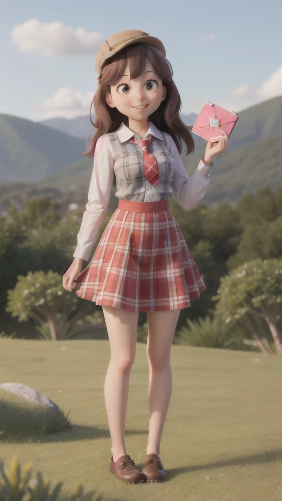 masterpiece, high quality best quality,1girl, bangs, beach, blue_sky, blush, bow, breasts, checkered, checkered_shirt, checkered_skirt, cloud, cloudy_sky, collarbone, day, envelope, giving, grass, hair_bow, heart, holding, holding_letter, horizon, incoming_gift, kazami_yuuka, leaning_forward, lens_flare, letter, light_rays, long_hair, looking_at_viewer, love_letter, mountain, mountainous_horizon, ocean, outdoors, plaid, plaid_background, plaid_bikini, plaid_bow, plaid_bowtie, plaid_bra, plaid_dress, plaid_headwear, plaid_jacket, plaid_legwear, plaid_necktie, plaid_neckwear, plaid_panties, plaid_pants, plaid_ribbon, plaid_scarf, plaid_shirt, plaid_skirt, plaid_vest, pov, shirt, skirt, sky, smile, solo, sun, sunbeam, sunlight, tree, unmoving_pattern