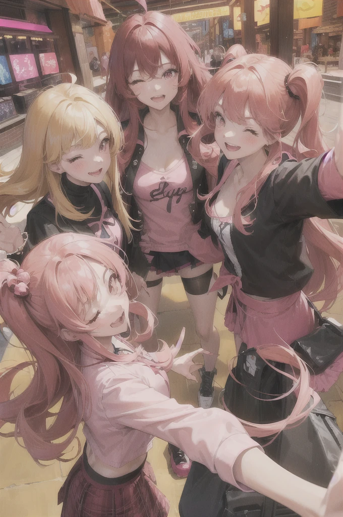 Extoverted girl,wearing magical girl pink ,smiling very happy,long hair with bangs,black hair,layered hair,out with friends,friend selfie,1 friend long red hair, 2 friend medium blonde hair,3 friend short ginger hair,in arcade,4 girls,long pink skirt,oink cardigan,laughing,eyes closed,smiling with teeth,
