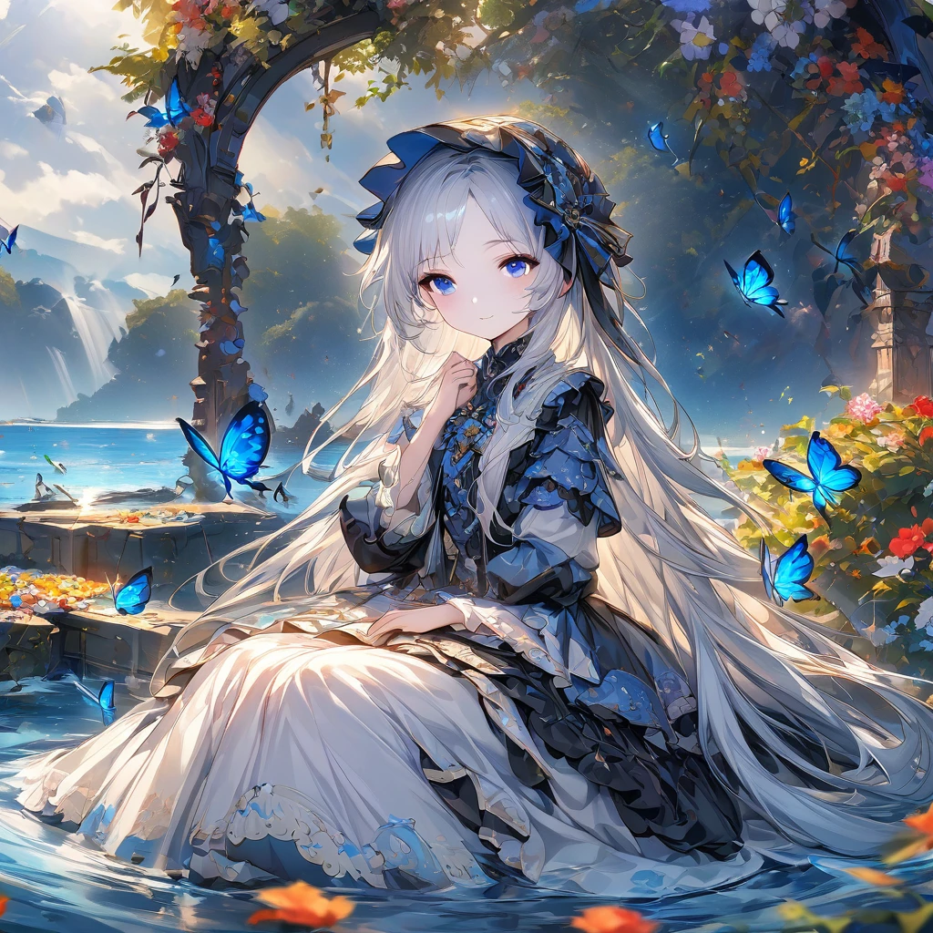 (masterpiece), (best quality), illustration, Extremely detailed, Human Development Report, Depth of Field, (rich and colorful), ,,This is a masterpiece that exudes exceptional quality. The illustration is ultra-detailed, Using HDR technology to create a sense of depth. The theme is original, Beautifully, 和Beautifully艺术品, Vivid colors，Full of fantasy elements. Girl sitting on the seashore, surrounded by running water, The background is a dark blue world tree, Located in the cemetery. The tranquil and dreamy atmosphere gives the whole scene a soulful and charming temperament. Her pale complexion, Blue eyes sparkling, And silver hair dotted with flowers，Create charming portraits. She is wearing Lolita style clothes, Poker face，Mouth tightly shut. Background ranges from white, transparent, Cycle Options, There are also translucent blue butterflies flying around，Adds vitality to the work.