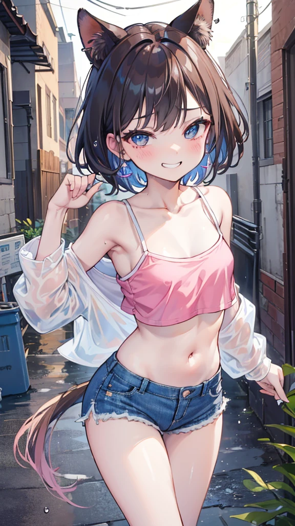 (8K、Highest image quality、best quality、masterpiece)、Detailed face、((two :2))、brown hair、short hair、brown eyes、smile、((Grinning))、earrings、((small breasts))、((pink camisole))、((Denim shorts))、Cowboy shooting、black hair、Double tail、light blue eyes、smile、((Grinning))、earrings、((small breasts))、((White camisole))、((Denim shorts))、Cowboy shooting((back alley background))、((National Science Foundation))fluid in ass、Fluid on the thighs、flowing liquid(Attractive ass:1.2),、exposed、disheveled、Clothing that fits snugly,Exposed chest、(((Wet clothing))),tube top,(((ultra-thin clothing))),(Body model),((body outline)),(Stride),grinning, blush,Hyperactive expression,Rubbing hands on crotch,raised vulva contour,saliva,