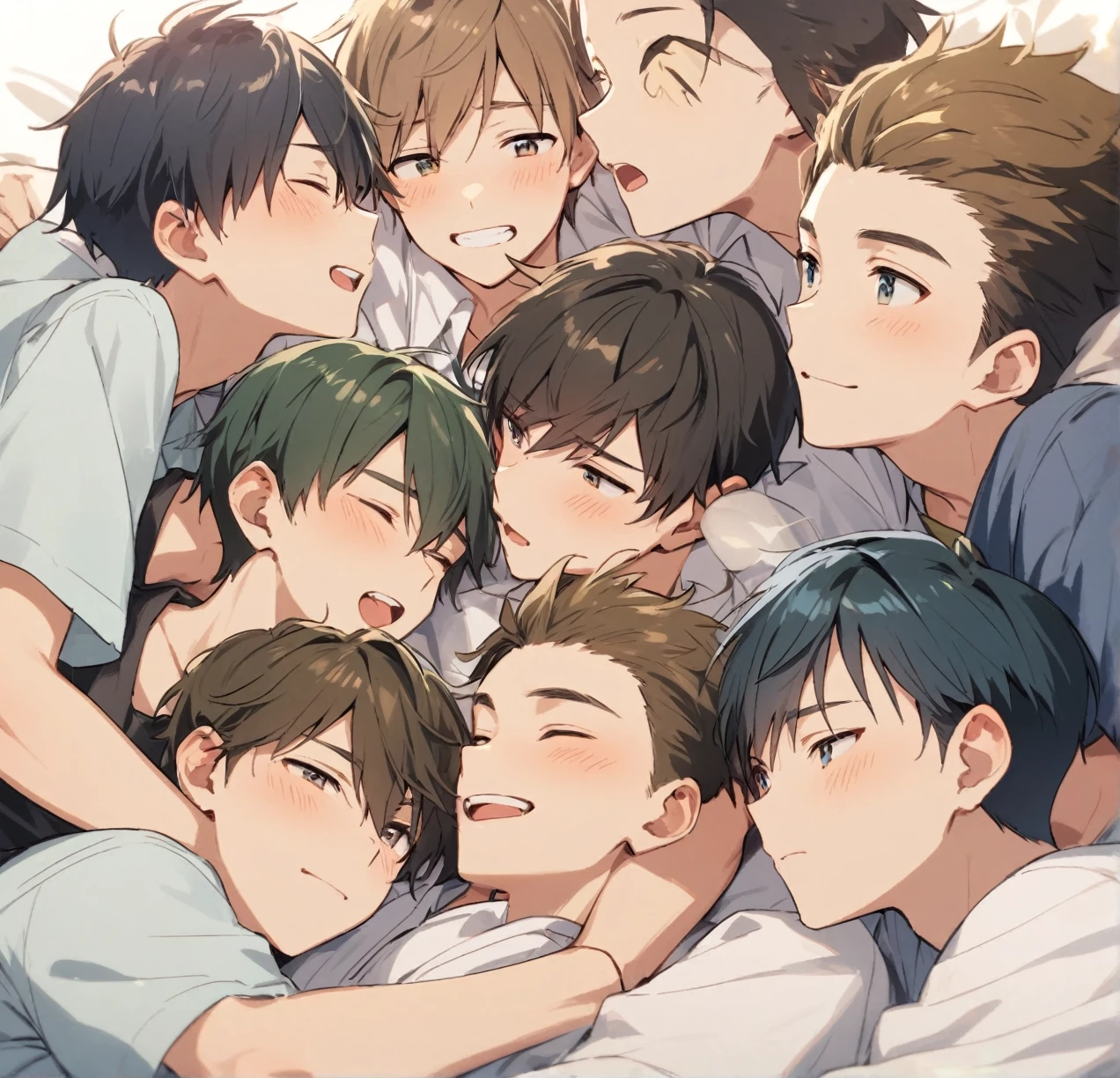 Five male agers cuddling together
