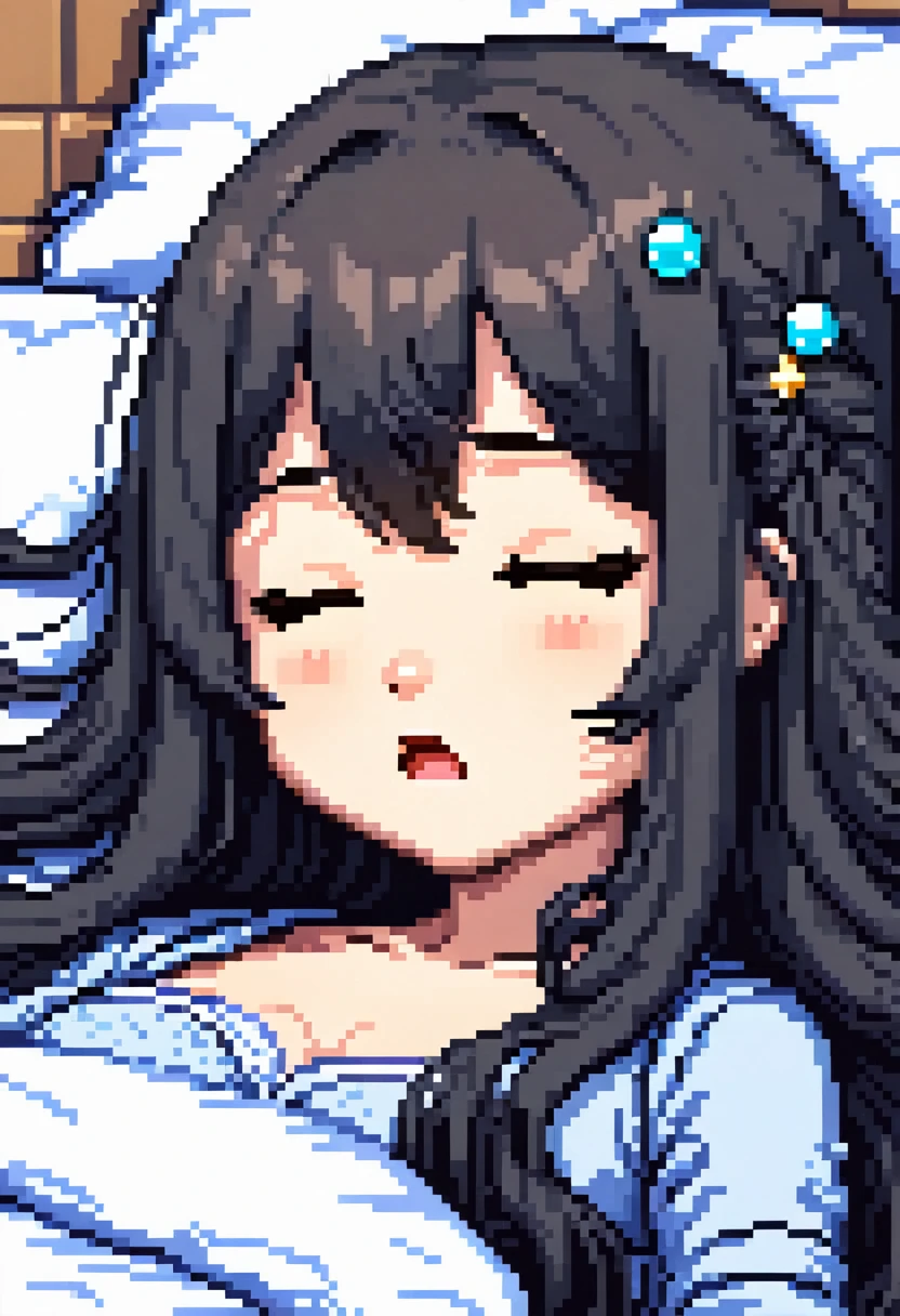 pixel art, exeaggerated sleeping, chibi emoji girl, dark long hair, bangs, open mouth breathing bubble on nose, that shows sleep as in anime