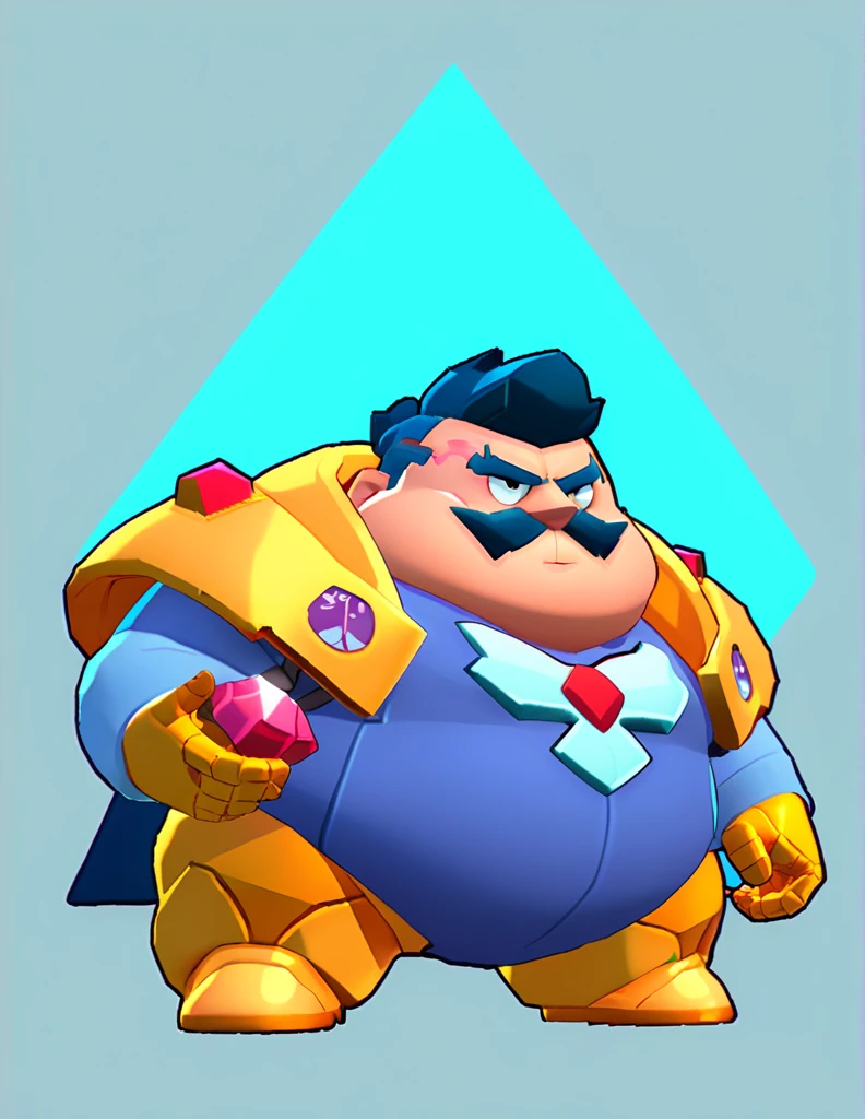 an obese businessman, in a blue suit, blue cyberpunk hairstyle and mustache, in gold armor encrusted with diamonds