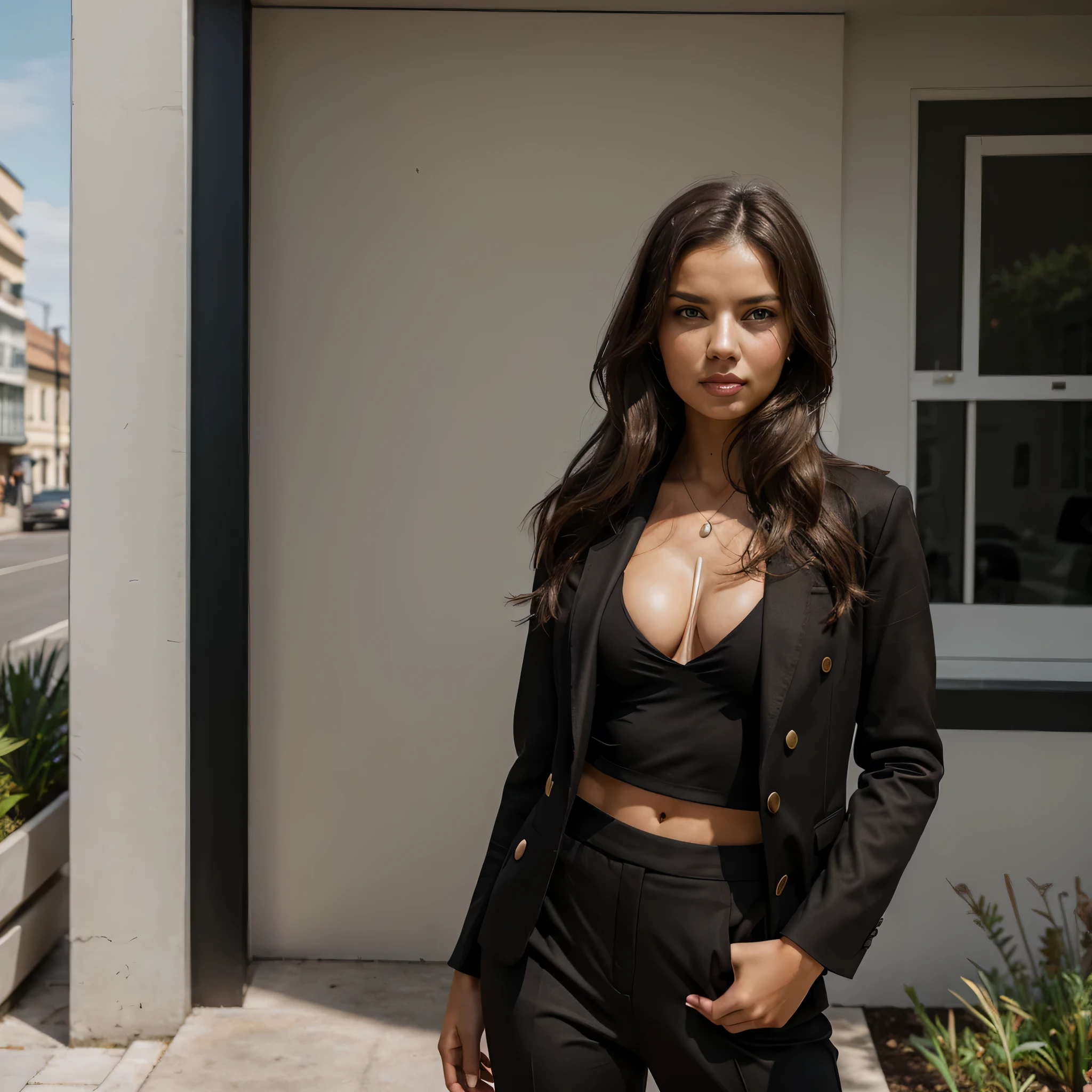 adriana lima, thick brown hair, hot , Ukrainian girl, wavy brown hair, Dasha Taran, pretty beautiful brunette, (solo one girl : 2.0), Beautiful ,23 years young girl healthy, confidential looking,8k,realistic,dark brown hair,fair skin, cheveux attachés,clear facial features, wearing woman in black top and pants, girl in suit, wearing a black blazer, black outfit, girl in a suit, day light posing, background building wall