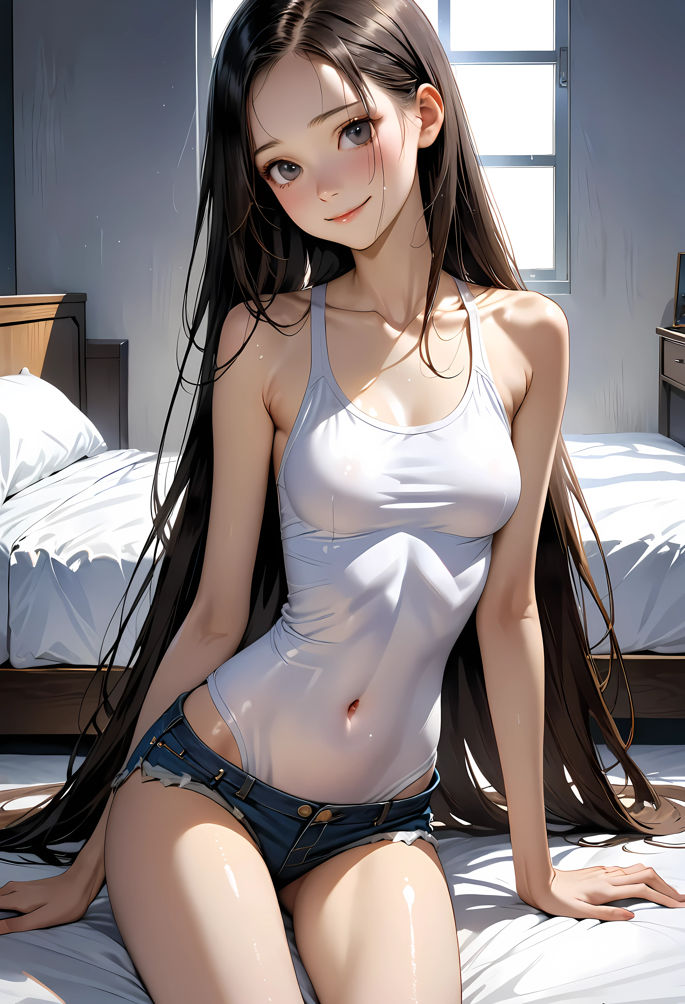 ((masterpiece,Highest quality;1.3,best illustration,realistic)),1woman、solo,18 year old beauty,((very small head:1.4)),center parted hair,black hair,long hair,black eyes,gorgeous eyes,shy,smile,medium breasts,((very long body:1.5)),((toned body,slender body,skinny)),gleaming skin,shiny skin,oily skin,White tank top、navel、denim micro shorts、Simple bed、Simple bedroom、Dimly lit room、Tokyo、