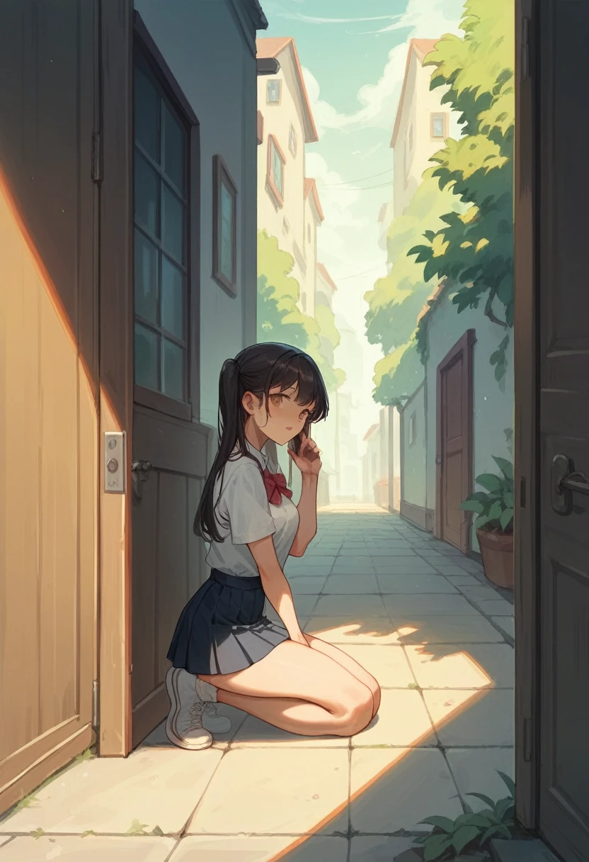 Indian college girls wearing short skirt uniform kneeling down holding ears in corridor outside class room door