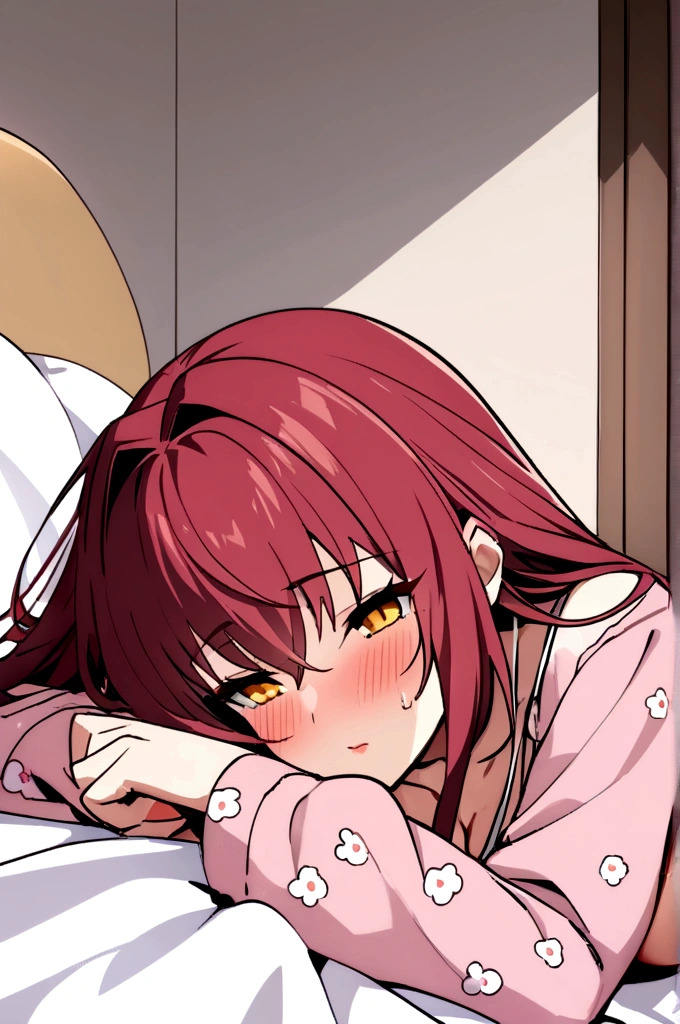 nsfw,sex with one man,sleeping,lying down,large breasts,female 、Scathach, girl, (masterpiece: 1.1), (highest quality: 1.1), Thematic, (bedroom background: 1.1), yellow eyes, red hair,long hair, low length, big breast, sexy pijama, pijamas, weaking up, morning, 18 +