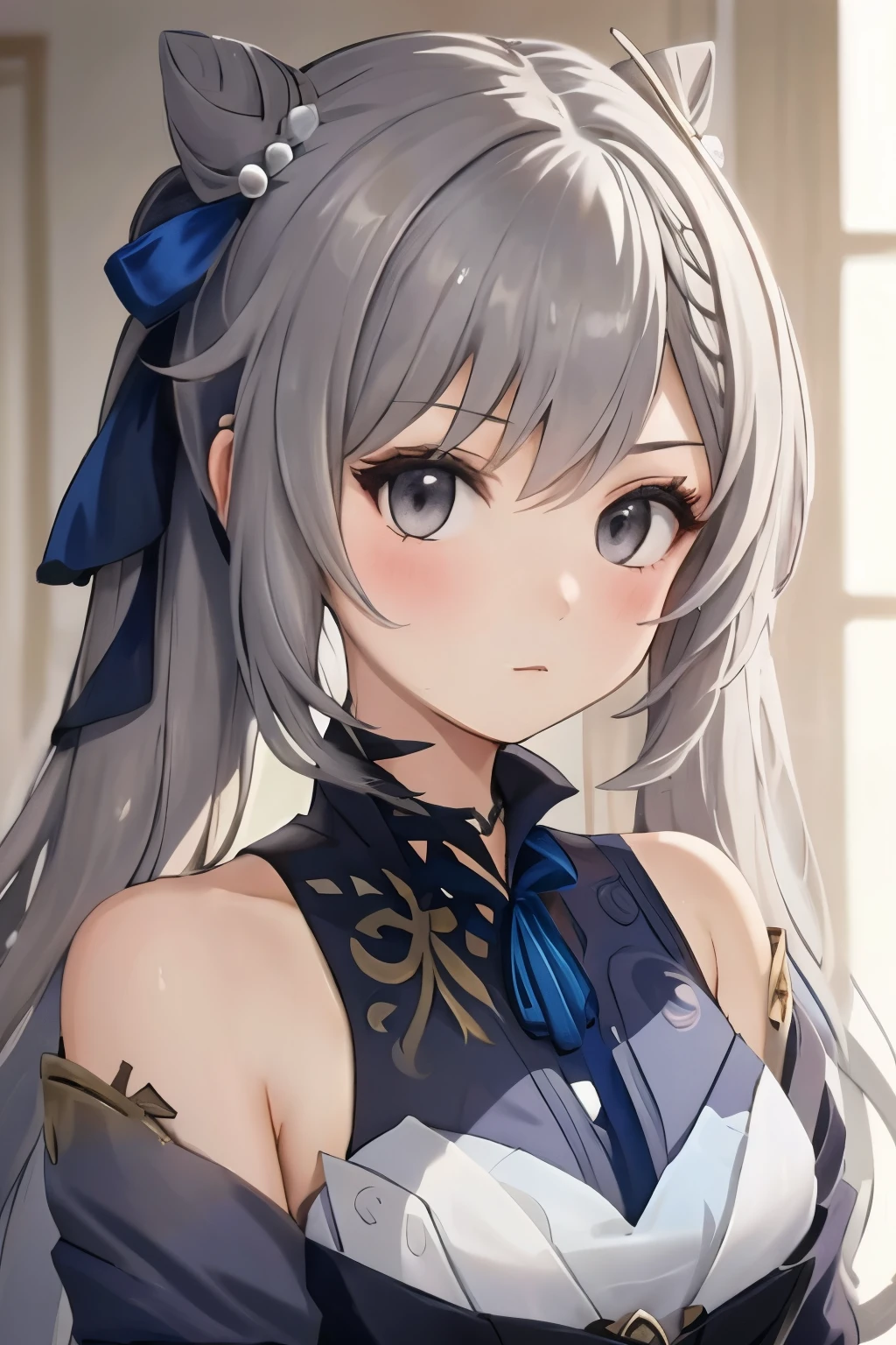 young girl with long light grey hair, grey eyes and has an uncaring expression