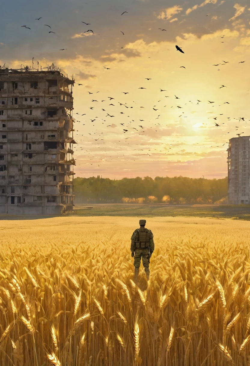 A military man stands in the middle of a wheat field, in the background there is a yellow dawn, and abandoned multi-storey buildings and birds fly in the sky in the distance