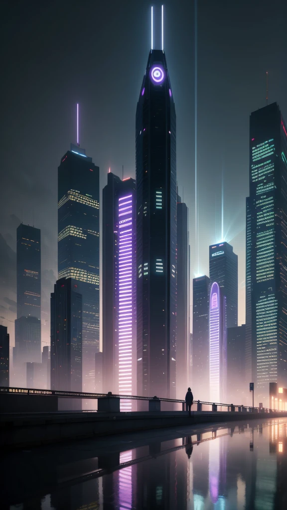 futuristic city, 8k, hyperrealistic. Big skyscrapers, illuminated from below. Futuristic and dystopian. With trains and subways everywhere. All in blue tones, greens, violets and purples. under the rain, with light reflections, long shutter type. bokeh.