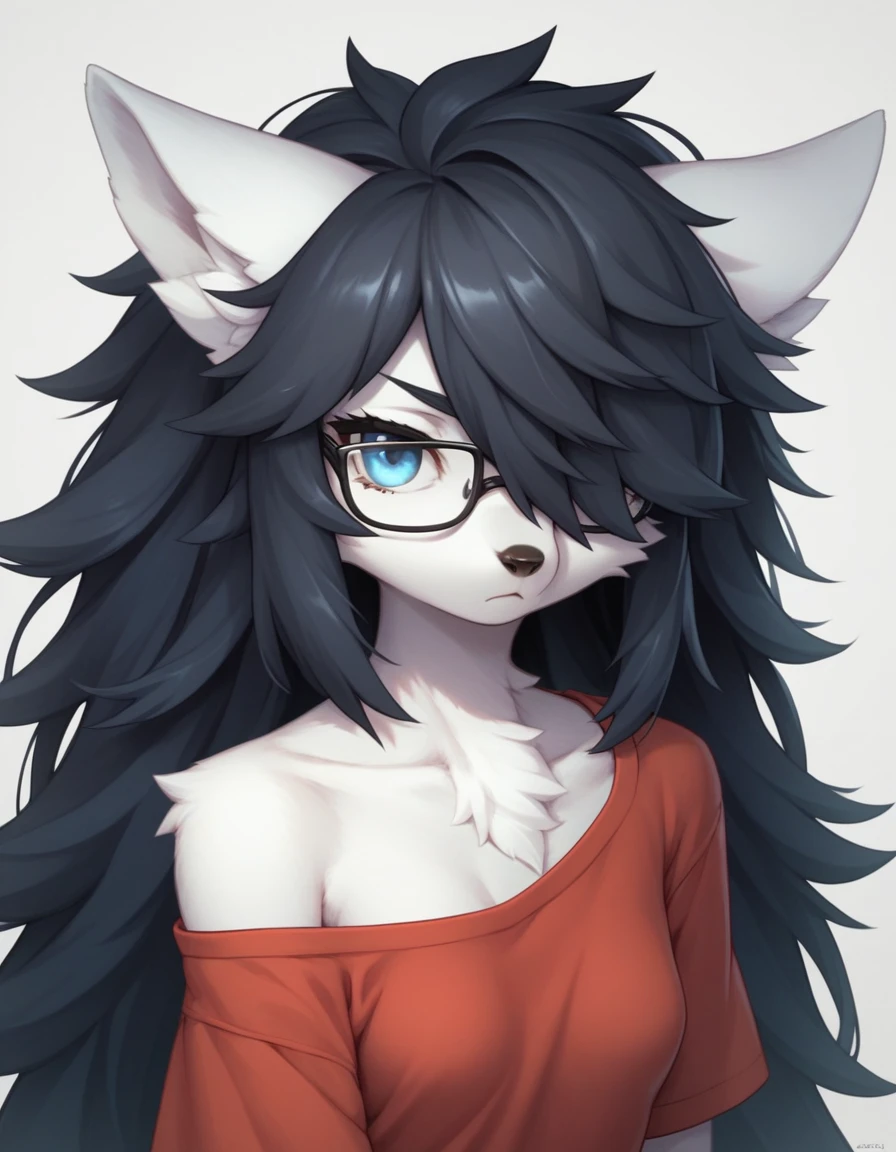 Solo, score_9,score_8_up,score_7_up, kemono style, a young nerdy Anthro furry wolf woman, wolf snout, white furry body, tall, long black messy hair, black hair, hair in a pony tail, hair covering one eye, white wolf tail, blue eyes, white wolf ears, white wolf tail, small breasts, wearing oversized red shirt, exposed shoulder, black square thick rimmed glasses, close up, portrait, pouting