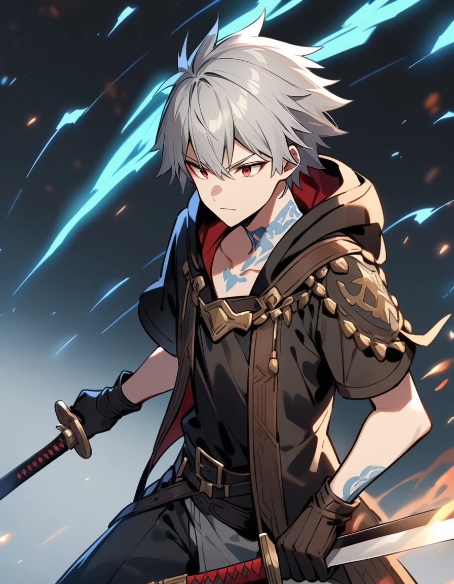 Short grey hair、Red Eye、A fearless face、Black clothing with leather hood、Wearing gloves、Light blue tattoo of ancient characters on neck and wrist、16 year old boy、Holding a Western-style sword、