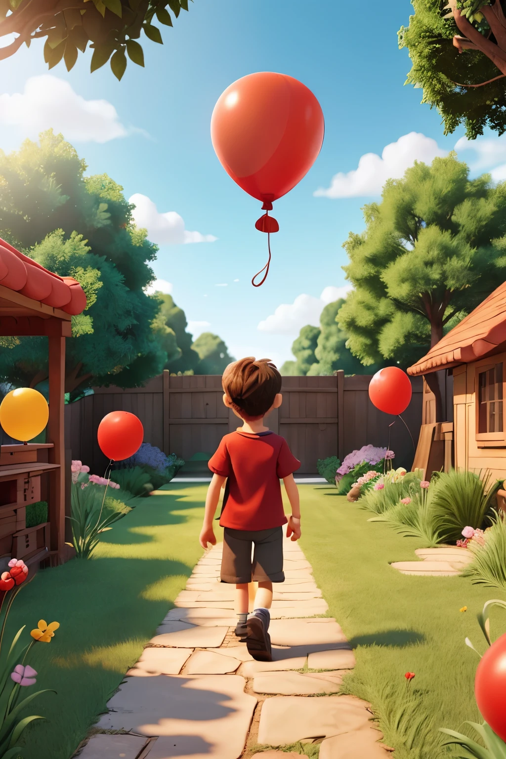 Create a book cover for a story where a loses a red balloon and must go on various adventures in their backyard to retrieve it.