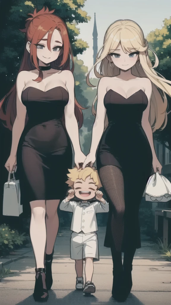 three sexy women in bride dresses walking and looking down at 4 years old boy with blonde hair and shorts, women touch boy's head, women have flirtatious smiles, women have auburn hair, women have closed eyes and they laugh, ultra hd