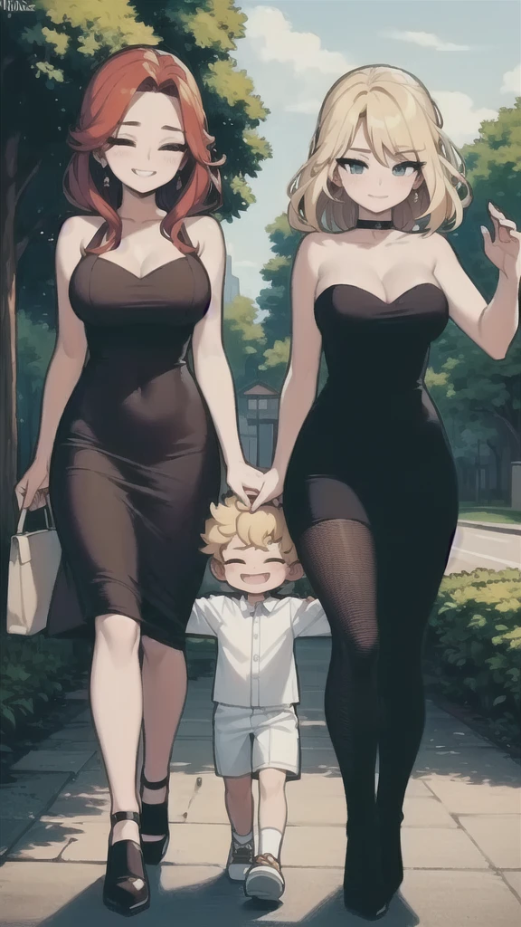 three sexy women in bride dresses walking and looking down at 4 years old boy with blonde hair and shorts, women touch boy's head, women have flirtatious smiles, women have auburn hair, women have closed eyes and they laugh, ultra hd
