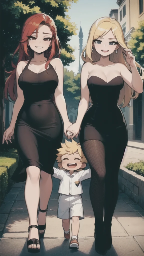 three sexy women in bride dresses walking and looking down at boy with blonde hair and shorts, women touch boy's head, women have flirtatious smiles, women have auburn hair, women have closed eyes and they laugh, ultra hd