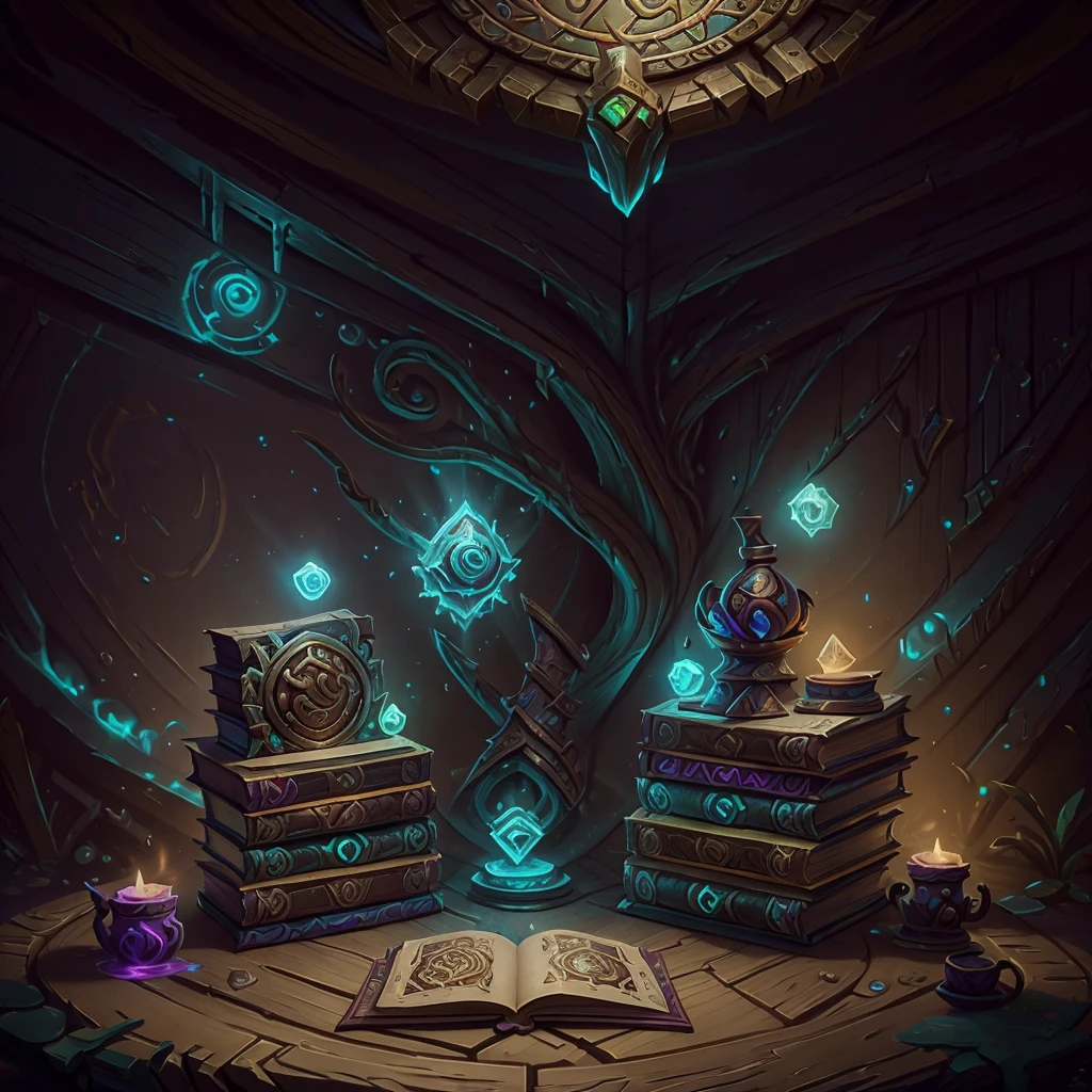 ornate border + concept art, hearthstone concept art, Magic book page, blizzard hearthstone concept art, world of warcraft concept art, discarded pergaminhos, Hearthstone Art, Hearthstone style art, pergaminhos, concept arts, Hearthstone inspiration, World of Warcraft style, detailed concept art, dnd card art, Hearthstone Artwork