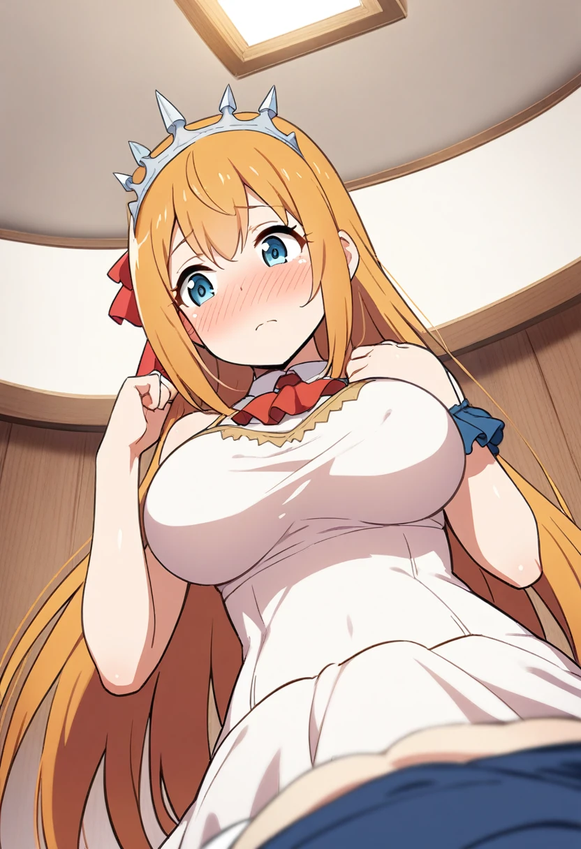 1Girl, pecorine_(princess_connect!) , princess_connect!, big breasts, shiny skin, blush, sun dress, ceiling, motherly, looking down, lap pov, lap pillow, from below , pov, best quality, recent, mid