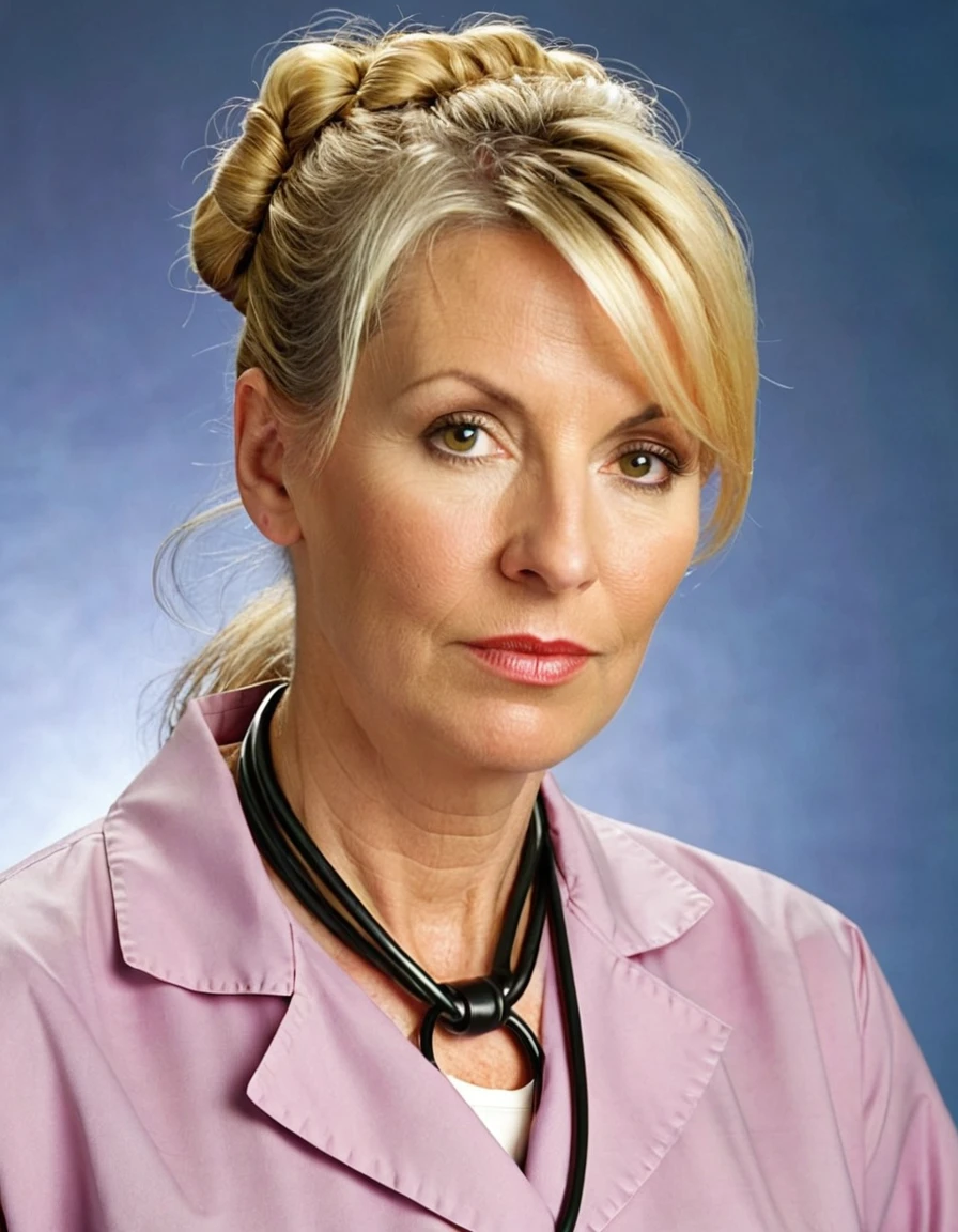 45 year old ugly blonde woman with tied up hair wearing doctor&#39;s outfit gray eyes tired and unhappy 