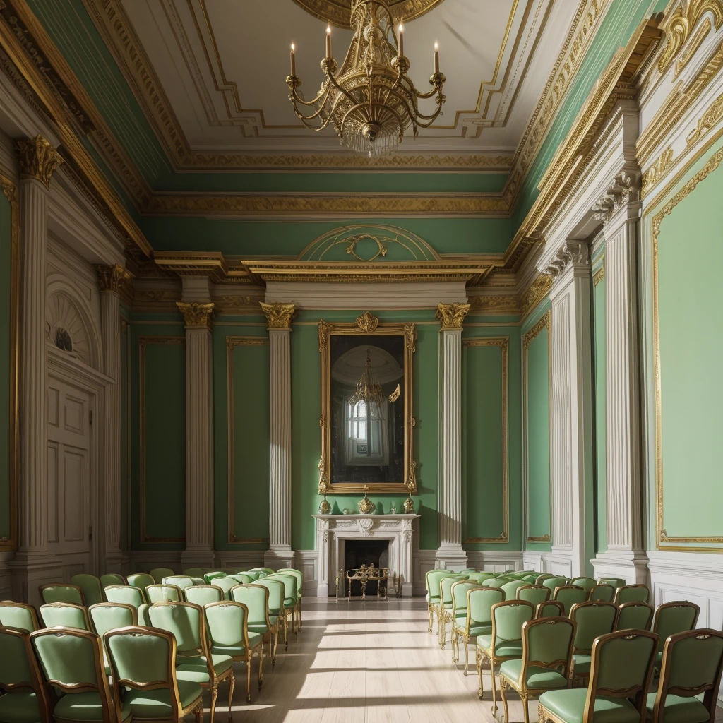 meeting room for mystical beings in a rococo style castle but for witches with white walls and light green marble with gold