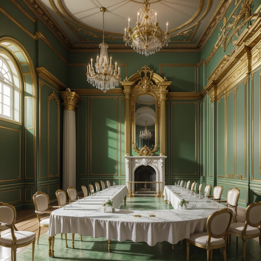 meeting room for mystical beings in a rococo style castle but for witches with white walls and light green marble with gold