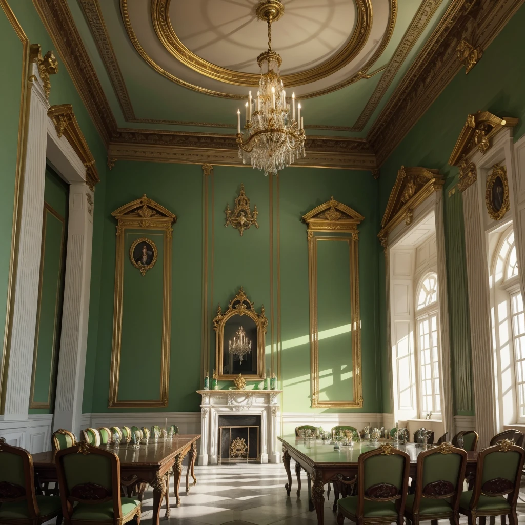meeting room for mystical beings in a rococo style castle but for witches with white walls and light green marble with gold