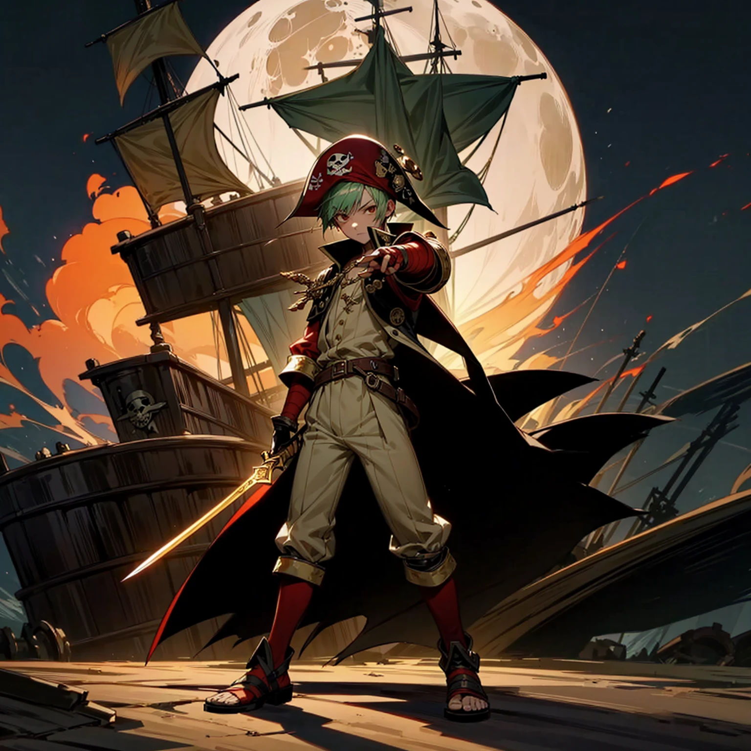 1boy, Full body version, 1character, brown eyes, albino skin, pirate eye patch, buzz cut hairstyle, green colour hair, flat facial expression, small eyes, red pirate hat, templar knight clothing, brown colour clothing, ancient Greek sandals, gold dagger knife in hand, buckler in hand, gold armor, Grassroots background in Pirate Ship, (at night), fire light burns on the ship, damaged pirate ship, moon silhouette light, moon in the sky, eyes glow red, sword glows red, lots of fire on the ship, ship fire, full background, war in ship pirate, (war gesture)